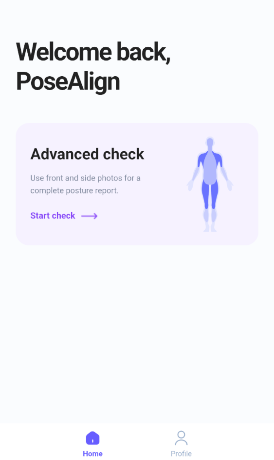 The new PoseAlign home screen with a single Advanced check entry
