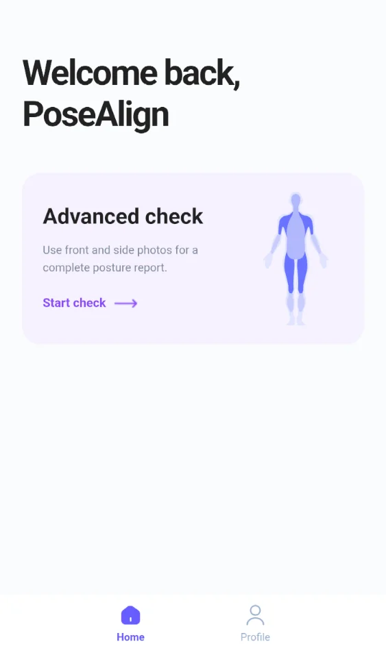 PoseAlign home screen with the Advanced check Start check button