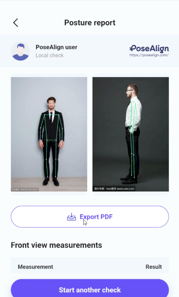 PoseAlign posture report screen showing front and side photos with landmarks and the Export PDF button