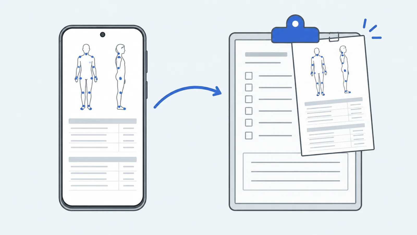 Celular com um relatório postural de uma página sendo anexado a uma ficha de avaliação