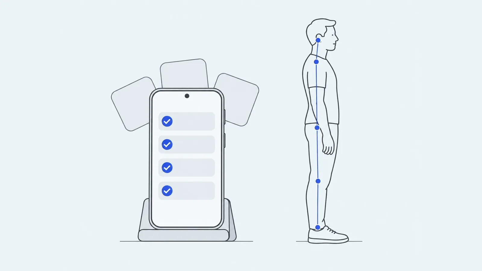 Illustration of an Android phone on a stand beside a standing figure with posture landmarks
