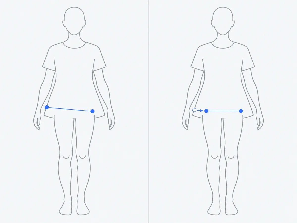 Two-panel diagram of a hip landmark placed on a loose shirt, then dragged back to the hip