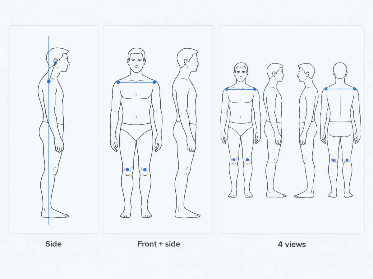 Diagram of three photo setups: one side view, a front and side view, and four views