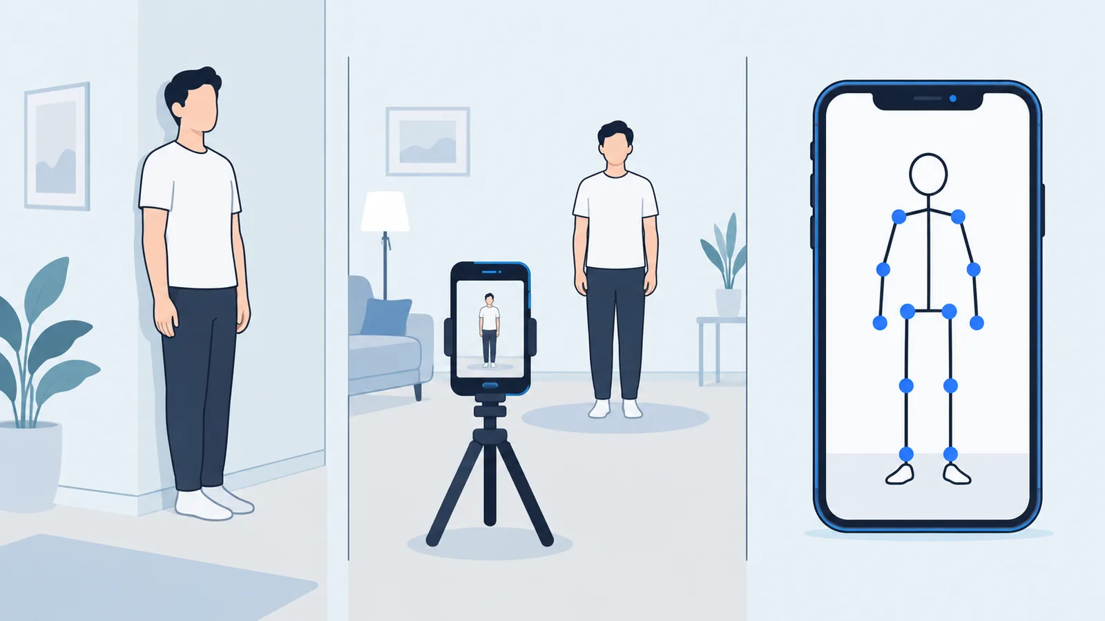 Three ways to check posture at home: standing against a wall, a phone on a tripod taking a full-body photo, and a phone screen with landmarks on a body outline