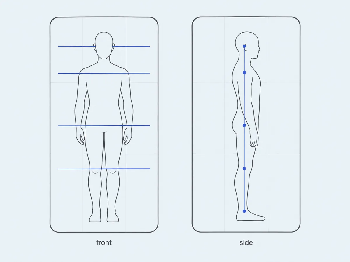 Front and side figure drawings with horizontal lines through ears, shoulders, hips and knees, and a vertical line through ear, shoulder, hip, knee and ankle