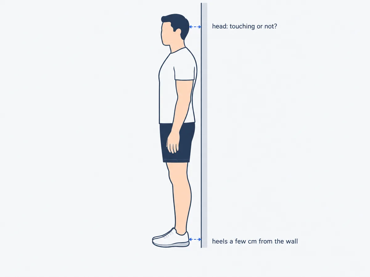 Side view of a person standing with heels a few centimetres from a wall, bottom and upper back touching it, with the gap behind the head marked