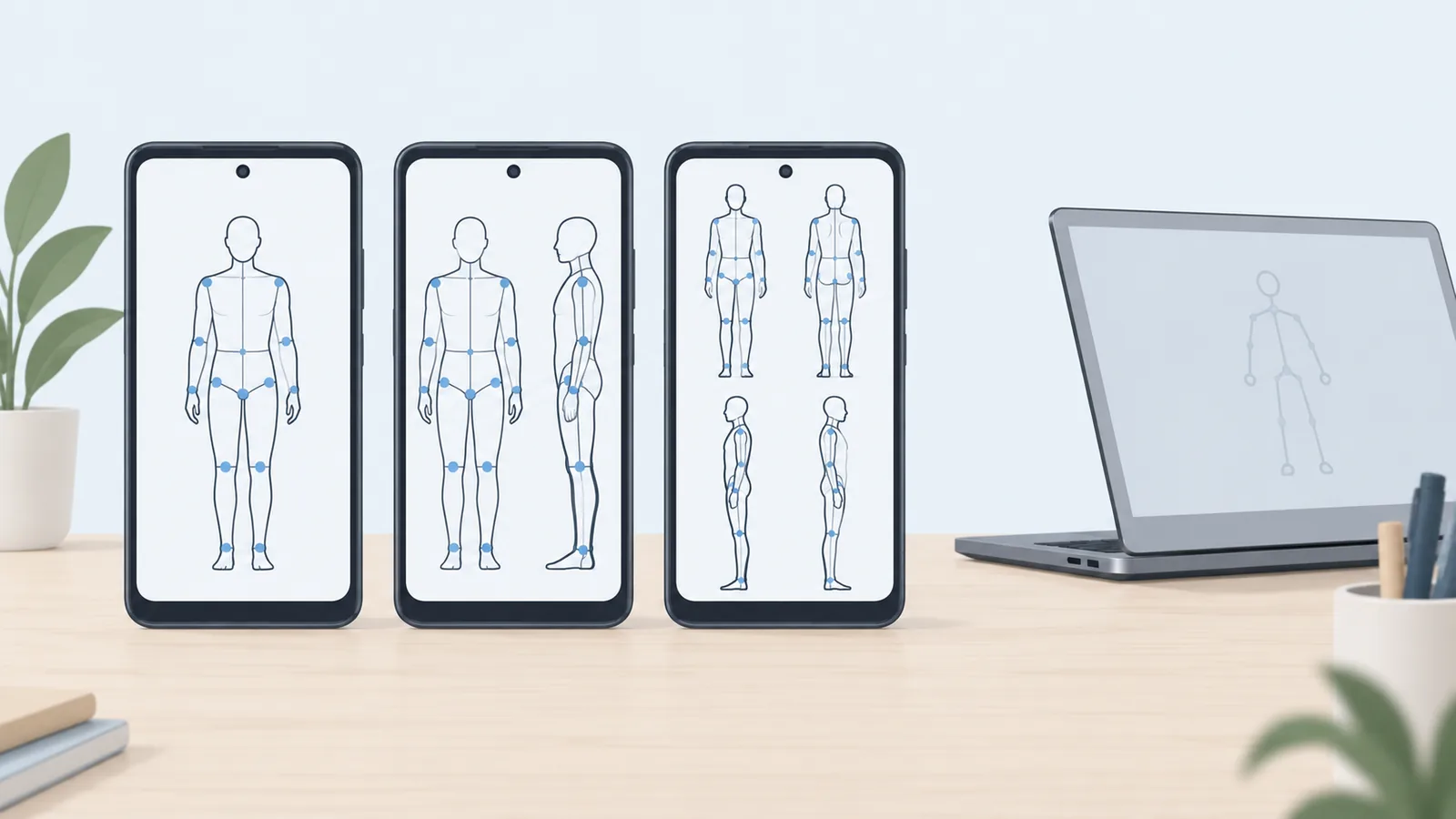 Três celulares Android com telas de avaliação postural que pedem uma, duas ou quatro vistas do corpo, ao lado de um notebook
