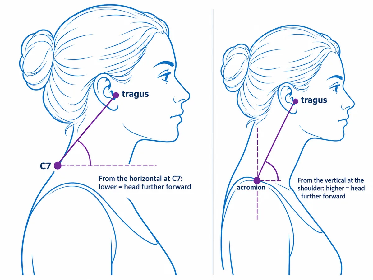 Two side-view diagrams: an angle at C7 measured from the horizontal, and an angle at the shoulder measured from the vertical
