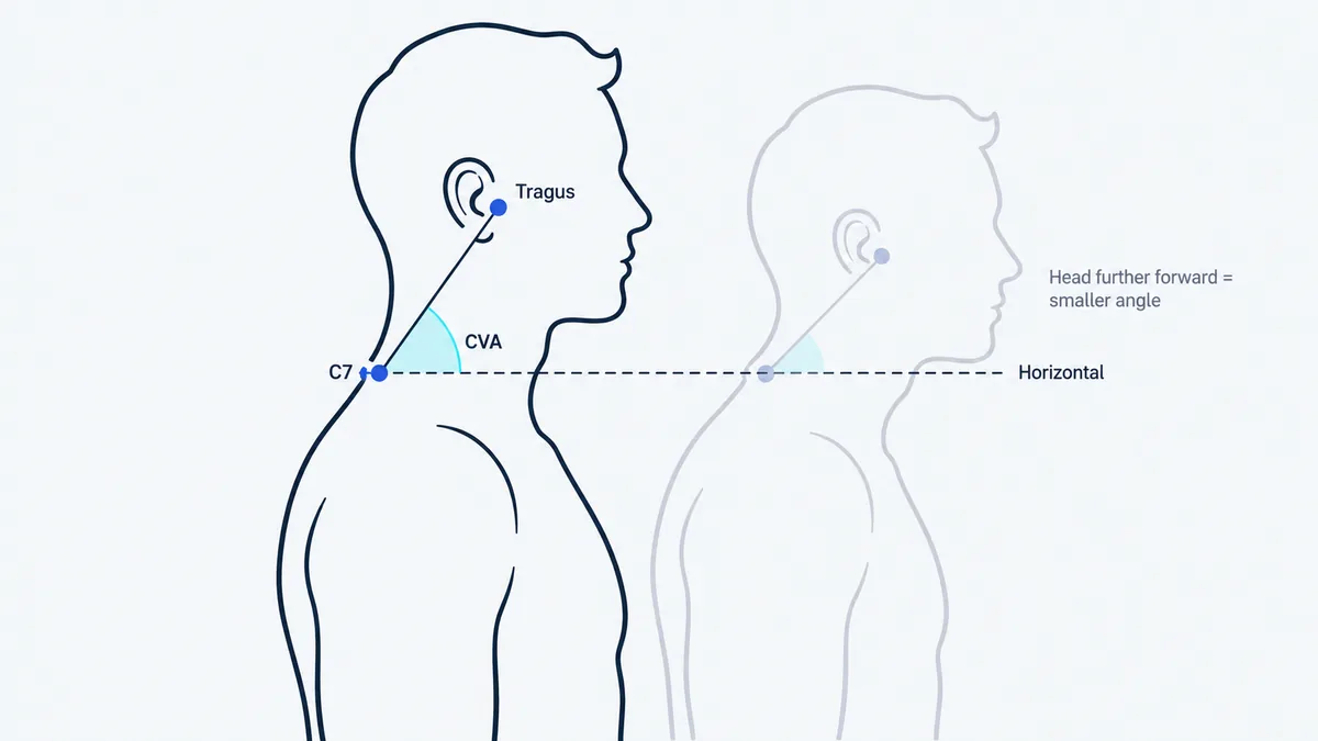Side-view diagram of a person's head and upper back with the craniovertebral angle marked at C7, between a horizontal line and a line to the tragus of the ear