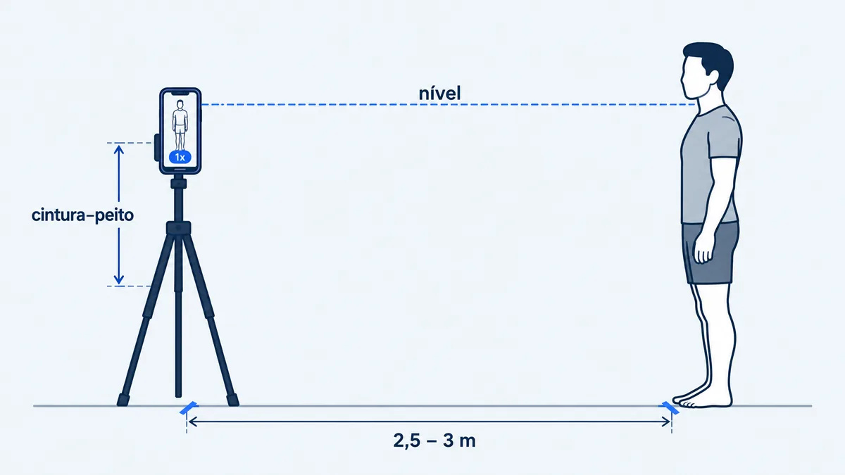 Diagrama lateral com celular no tripé a 2,5 a 3 m da pessoa, na altura entre a cintura e o peito, com a câmera nivelada