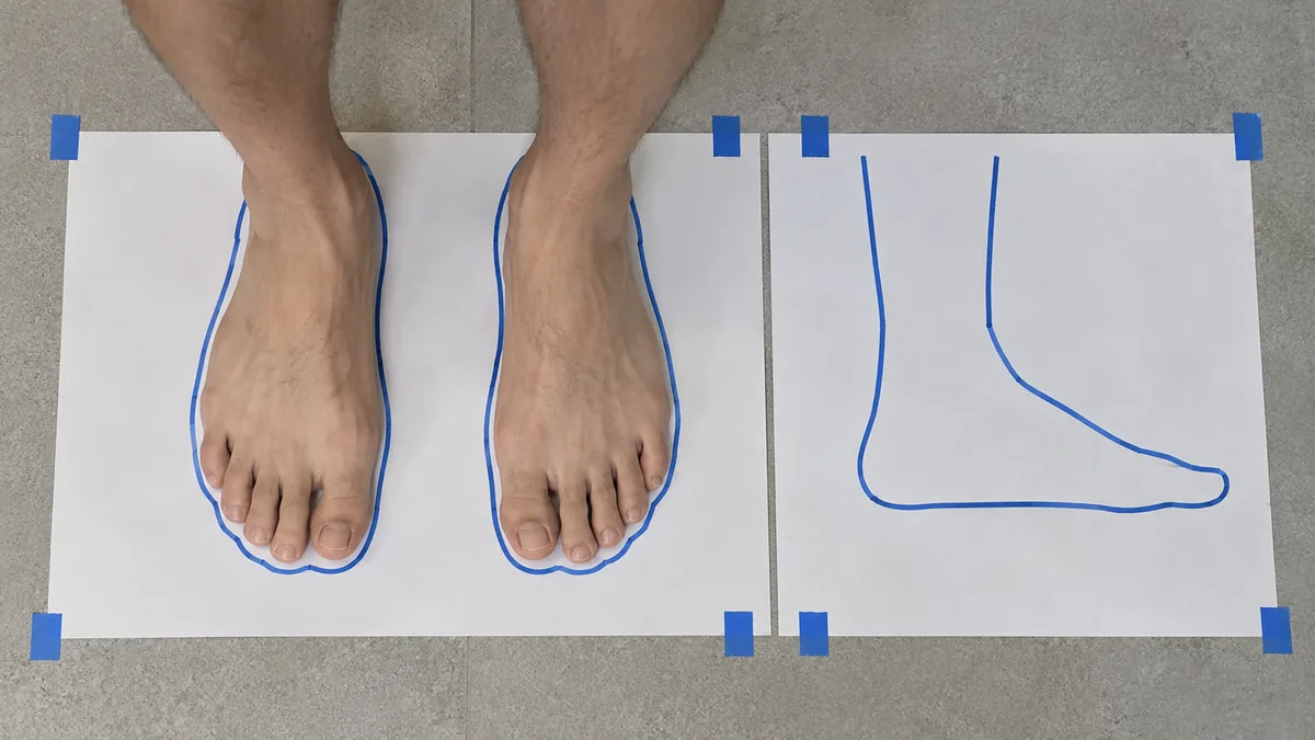 Pés descalços sobre contornos desenhados em papel no chão, com um segundo contorno para a posição de perfil