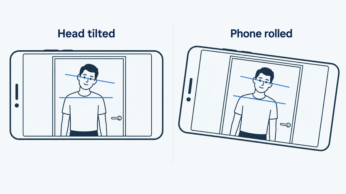 Two diagrams: a tilted head in a level photo, where only the eye line slopes, and a level head in a rolled photo, where the eye line, shoulders and door frame all slope the same way