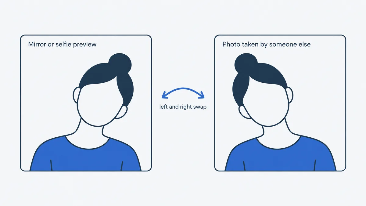 Two front-view diagrams of the same person: in the mirror view the head leans to one side of the picture, in a normal photo it leans to the other side