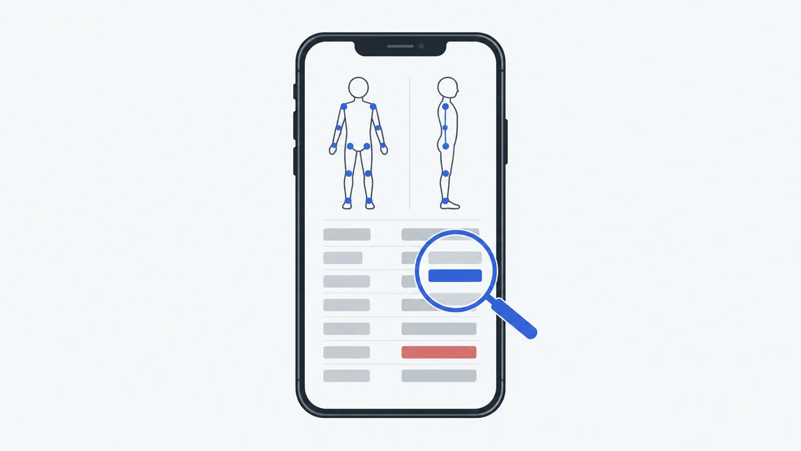 Illustration of a phone showing a posture report with pose landmarks and a table of measurements under a magnifying glass