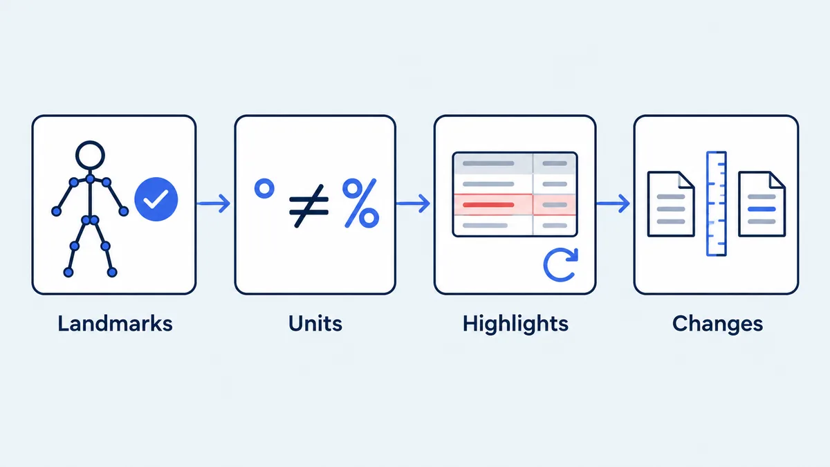 Diagram of four checks in order: landmarks, units, highlights, changes between reports
