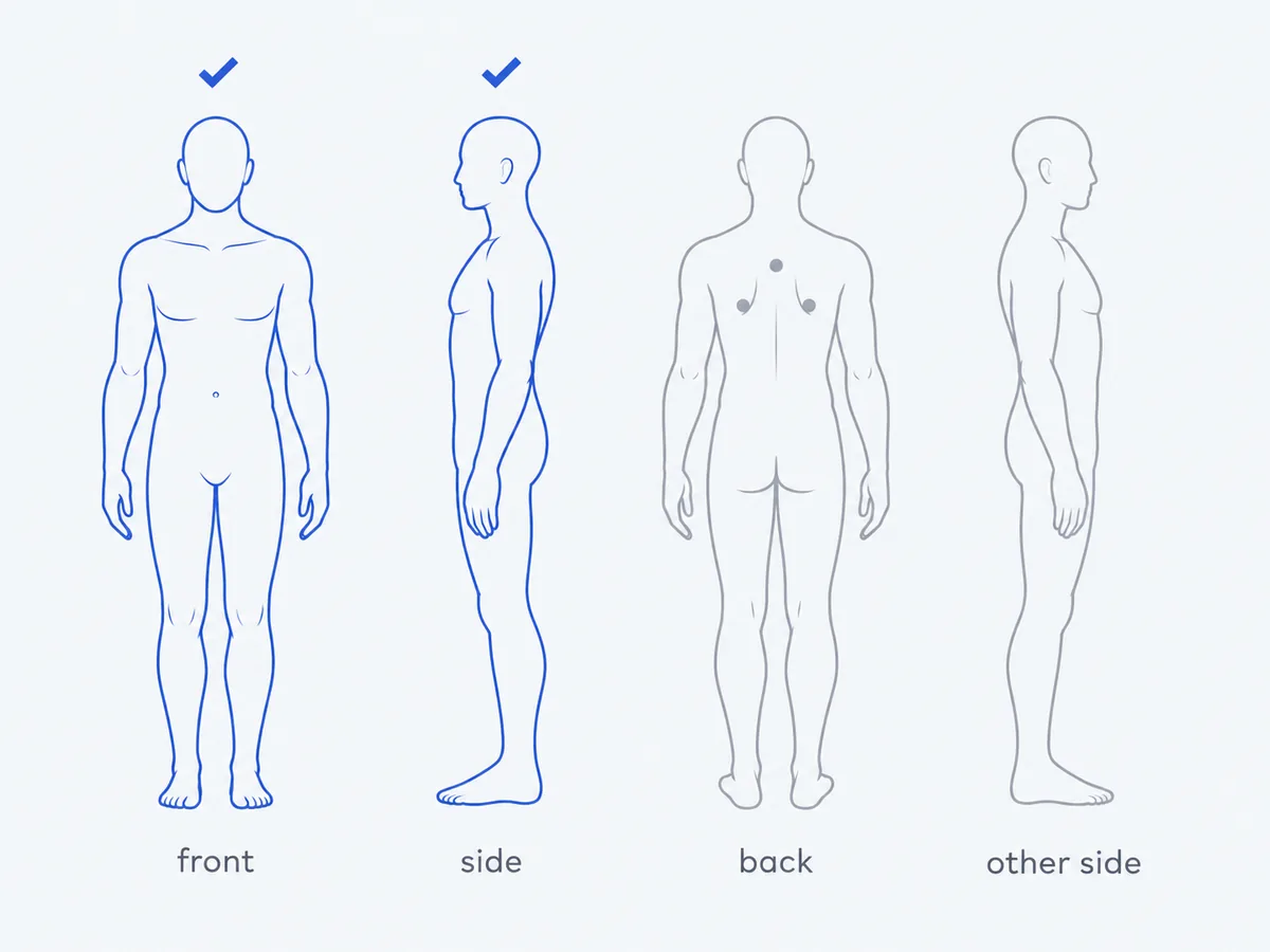 Four body views in a row, front, side, back and other side, with the front and one side highlighted and dots on the shoulder blades in the back view