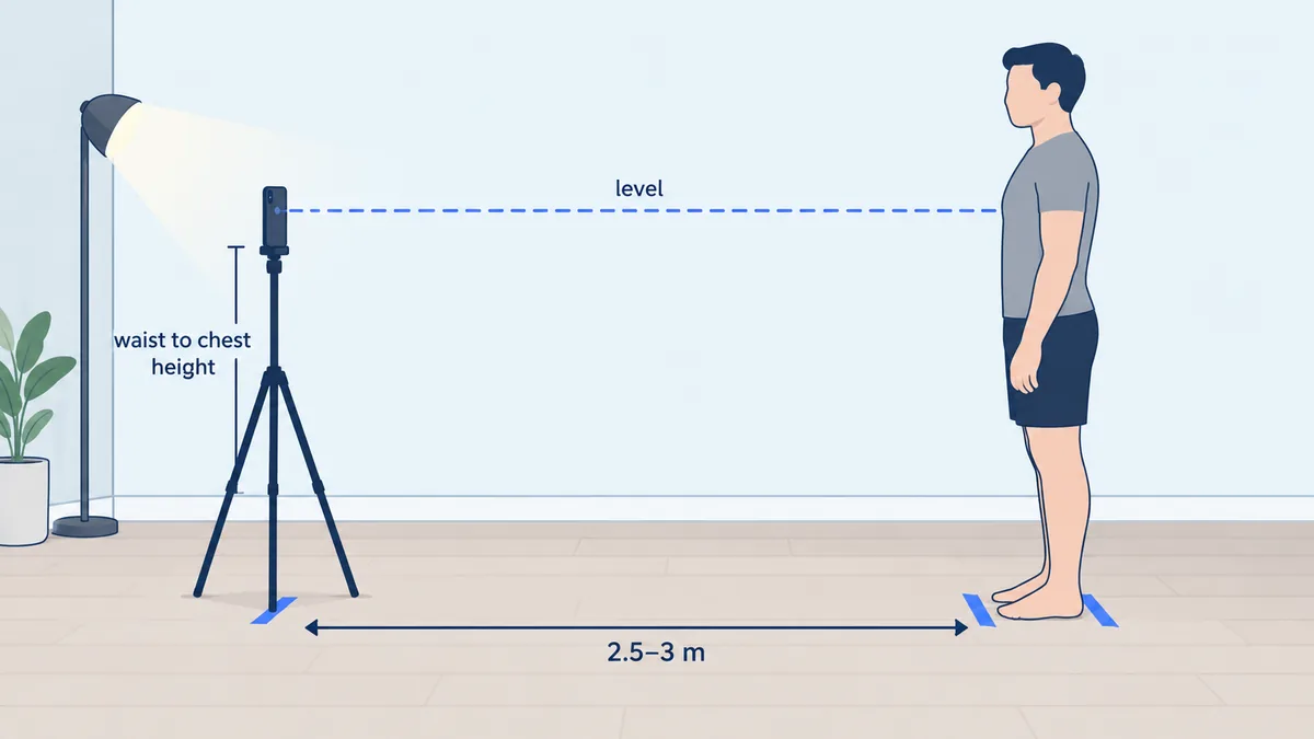 Diagram of a home posture photo setup: phone upright on a tripod at waist height, 2.5 to 3 metres from a person standing in front of a plain wall, with tape marks for the feet and the tripod