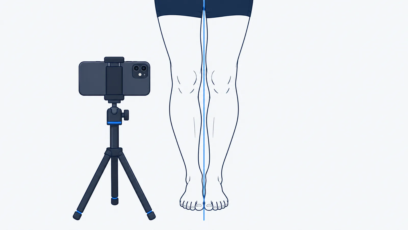Illustration of legs photographed from the front by a phone on a low tripod at knee height