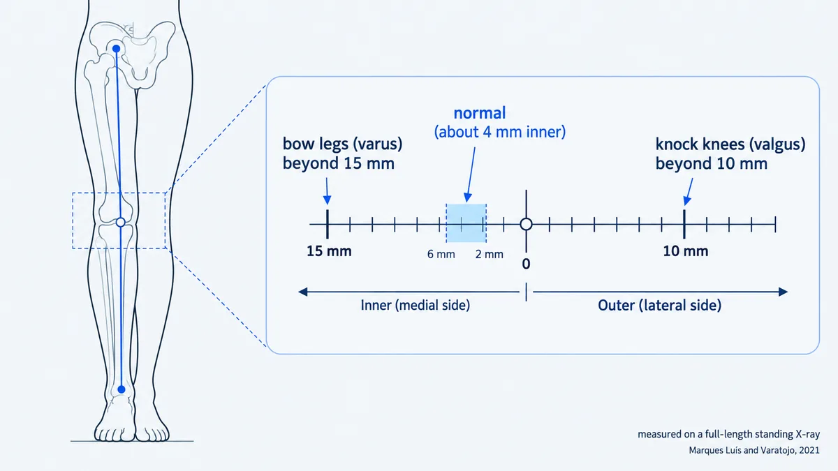 Diagram of the line from hip to ankle passing the knee, with normal and clinically significant offsets marked