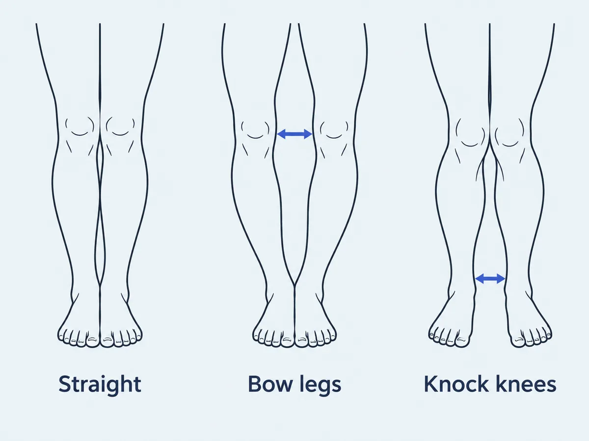 Three pairs of legs: straight, bow legs with a gap between the knees, knock knees with a gap between the ankles