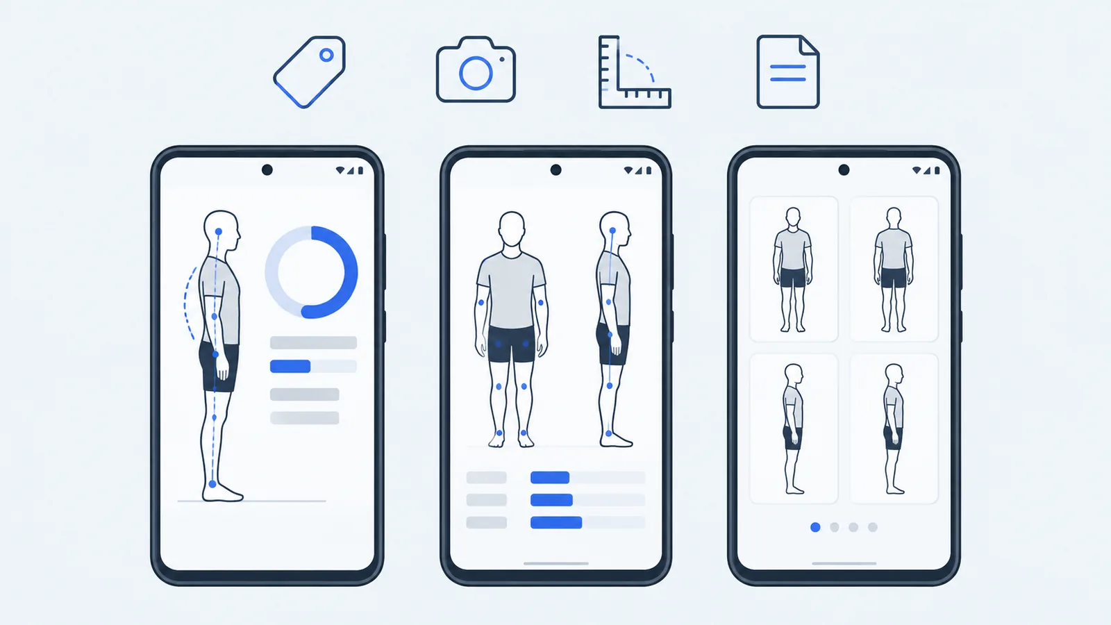Tres móviles Android con pantallas genéricas de análisis postural: una vista de perfil, dos vistas y cuatro vistas