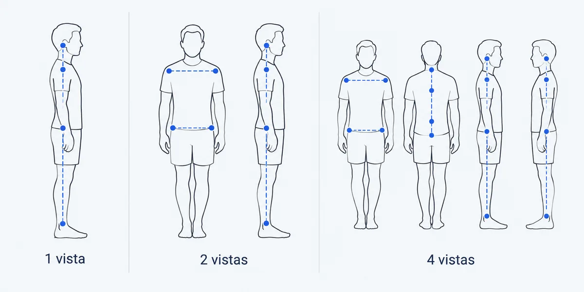 Diagrama: una foto de perfil muestra la línea vertical del cuerpo; frente y perfil añaden la altura de hombros y pelvis; cuatro vistas añaden la espalda