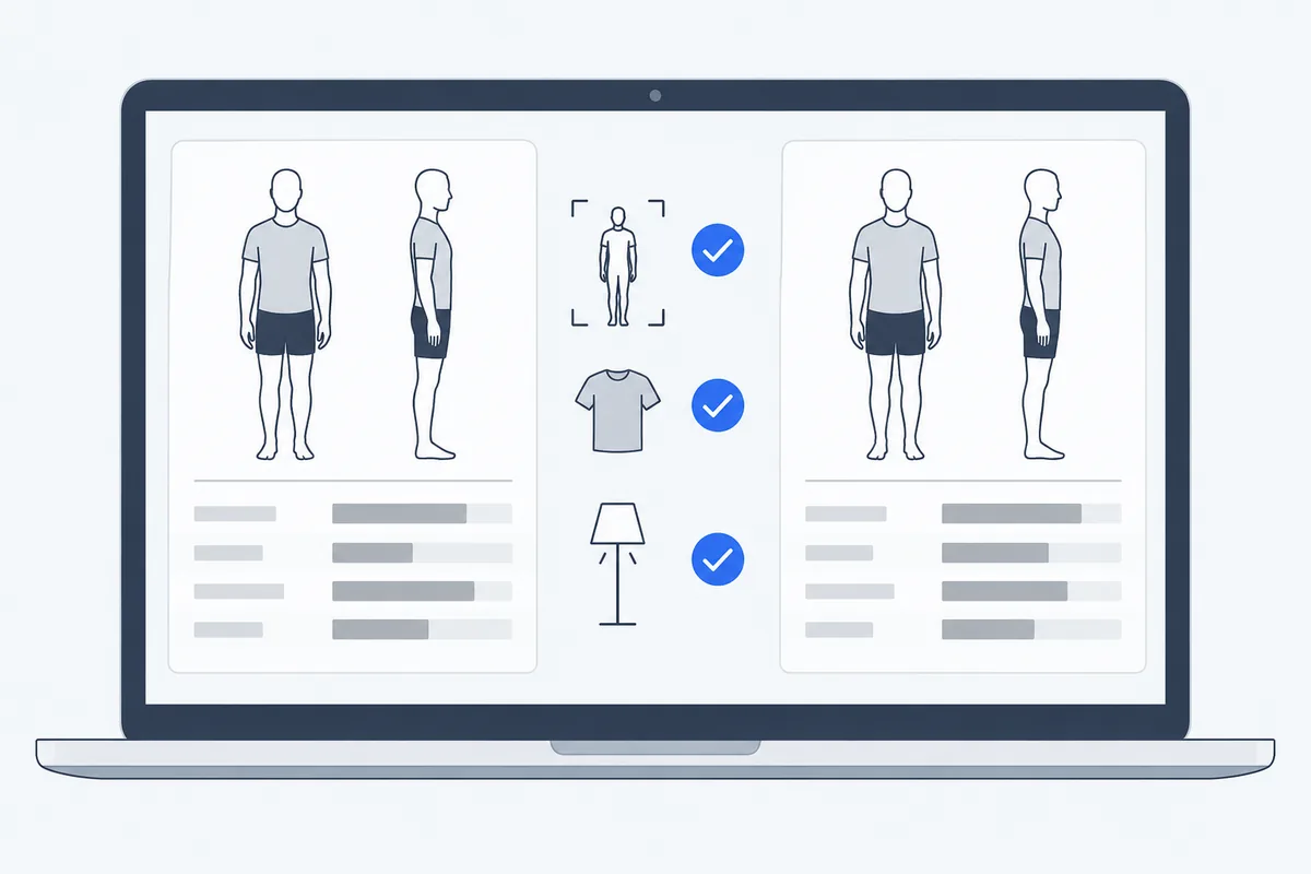 Two posture reports open side by side on a laptop, with a checklist comparing framing, clothing and light before the measurements