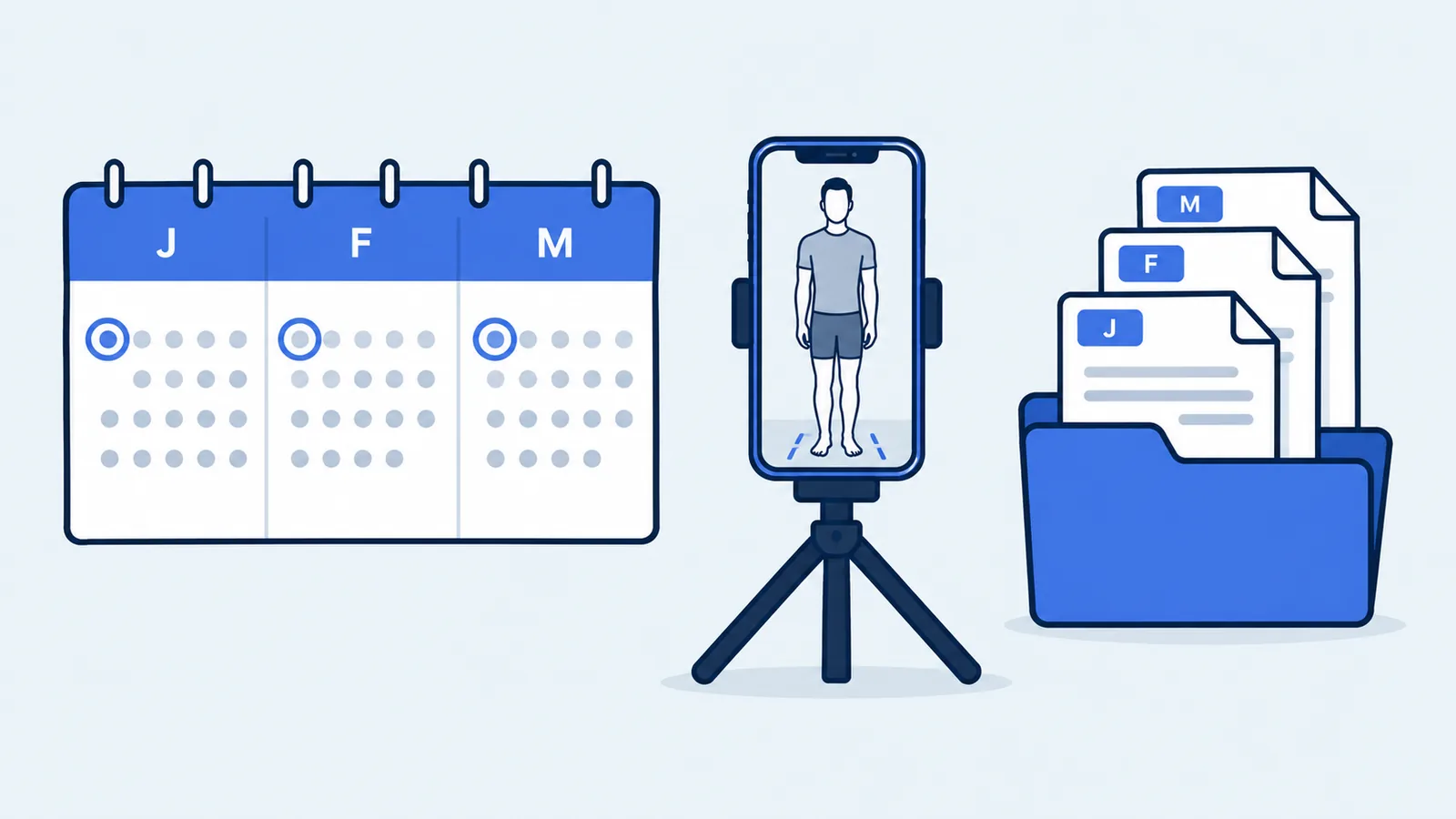 A calendar with one day circled each month, a phone on a tripod and a folder of dated report pages