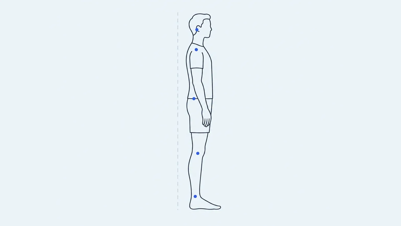 横向きに立つ人の耳、肩、腰、膝、くるぶしに点を打ったイラスト