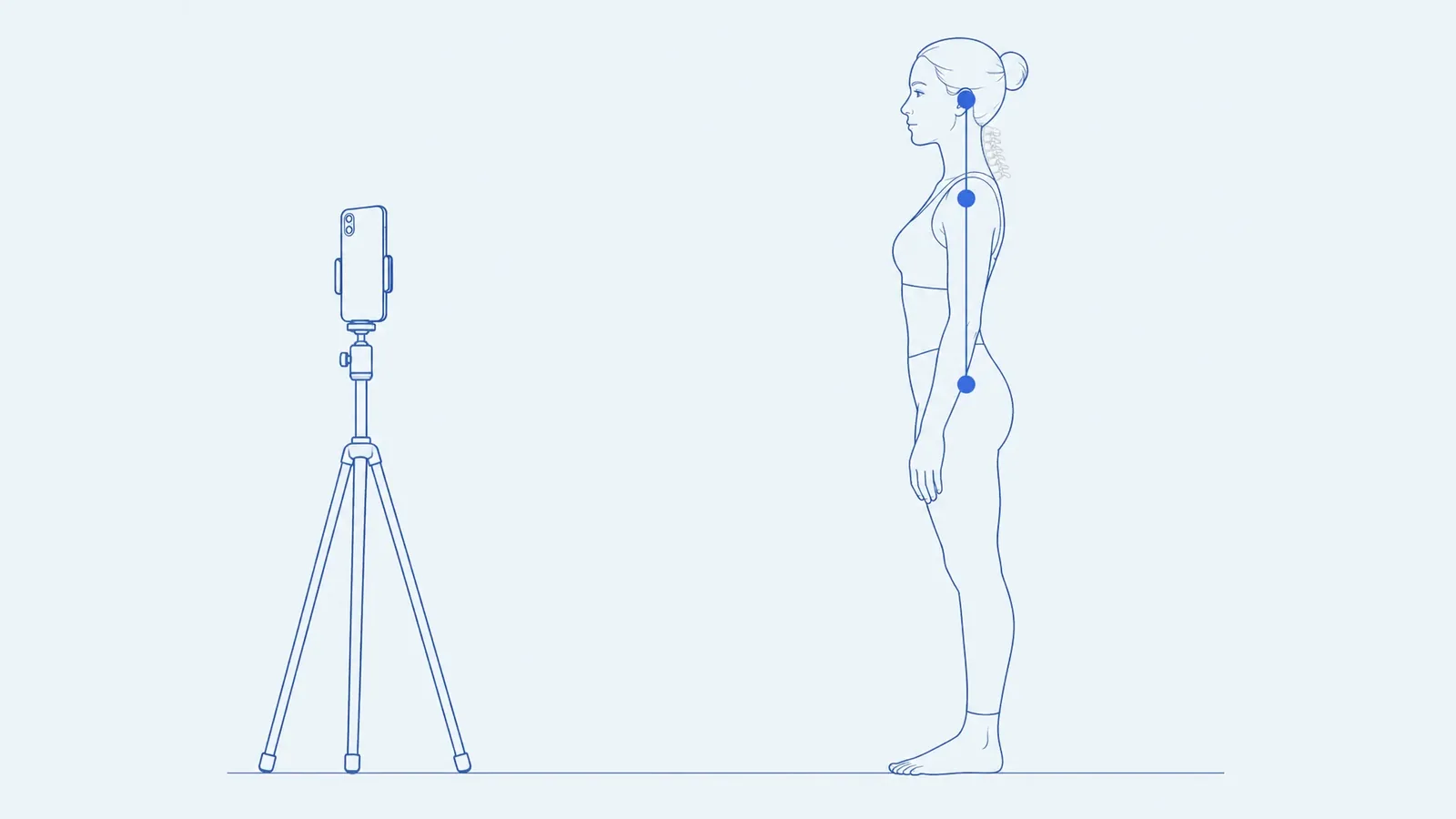 Side view of a person photographed by a phone, with landmark dots on the skin and a faint outline of the neck vertebrae behind them