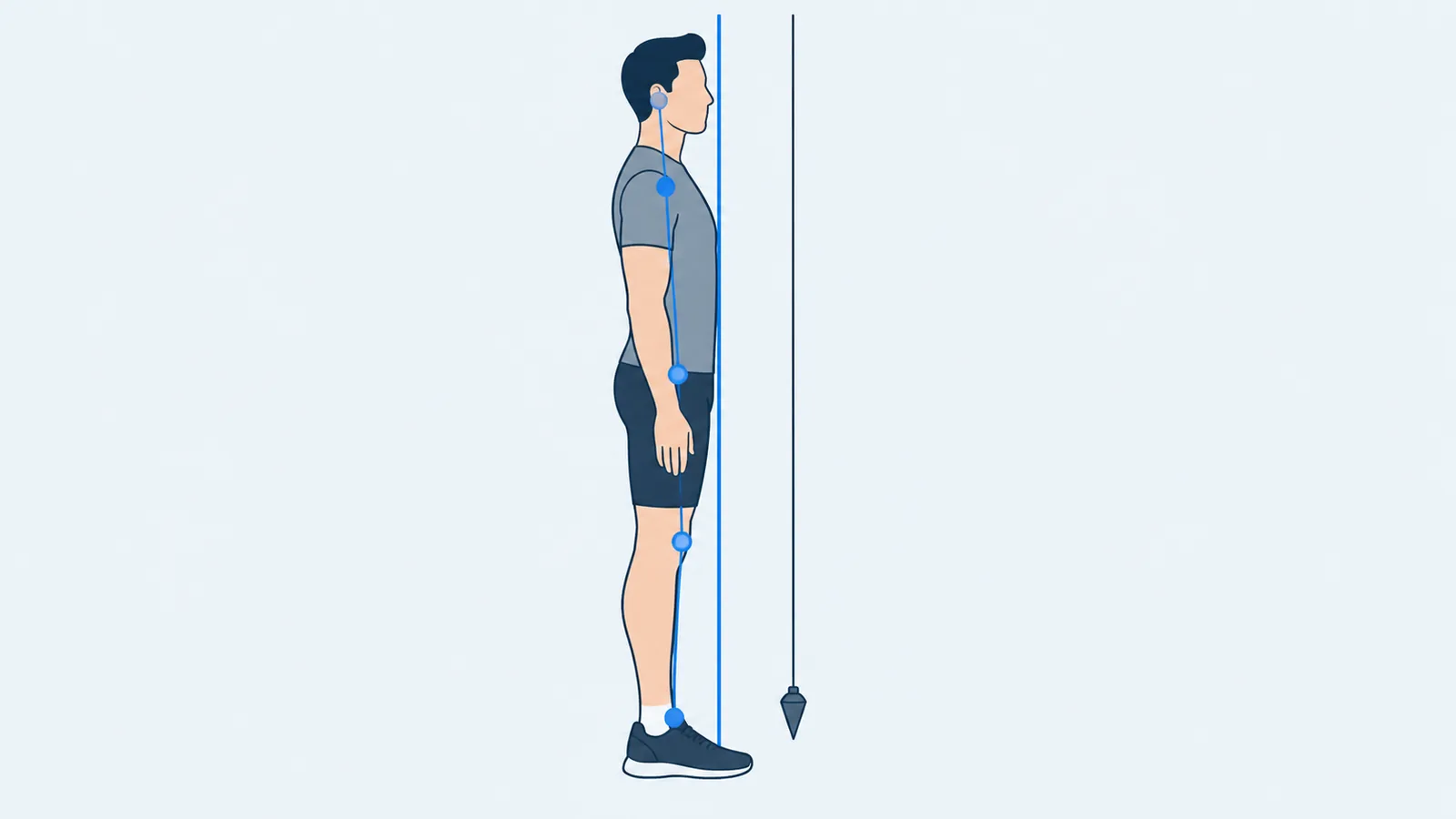 Side-view figure standing next to a hanging plumb line, with a vertical line drawn from the ankle past the knee, hip, shoulder and ear