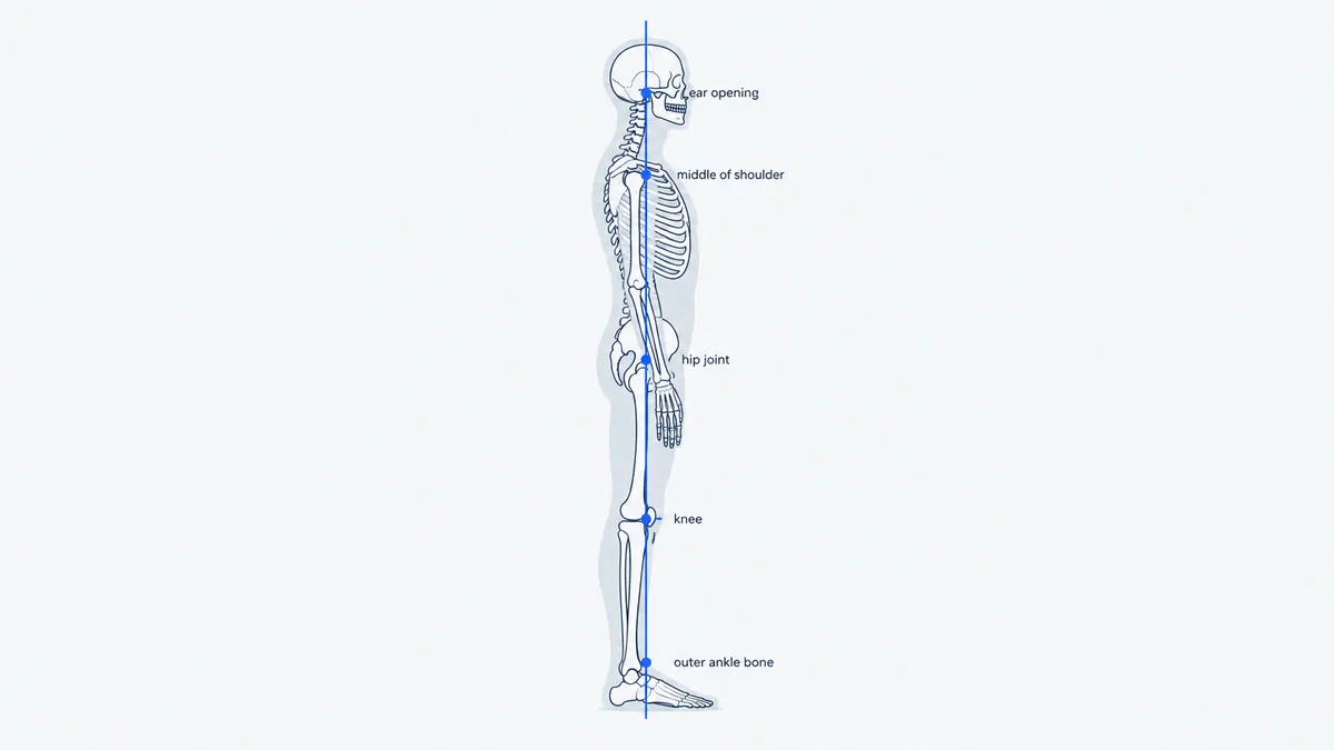 Diagram of the side-view reference alignment: a vertical line just in front of the outer ankle bone, slightly in front of the knee, through or slightly behind the hip joint, through the middle of the shoulder and the ear opening