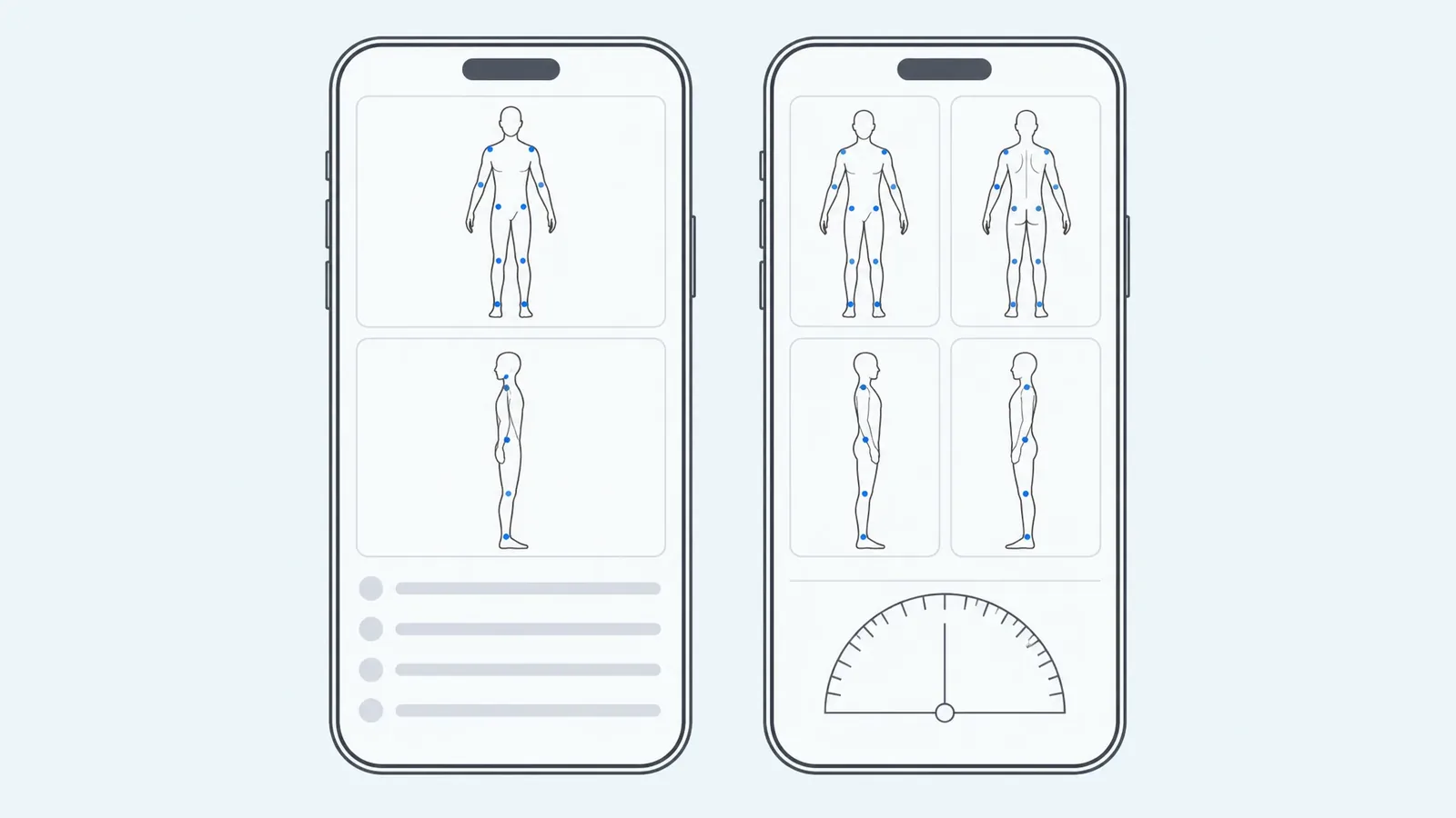 Two phones compared: one with front and side photo slots, one with four body views and an angle-measuring tool
