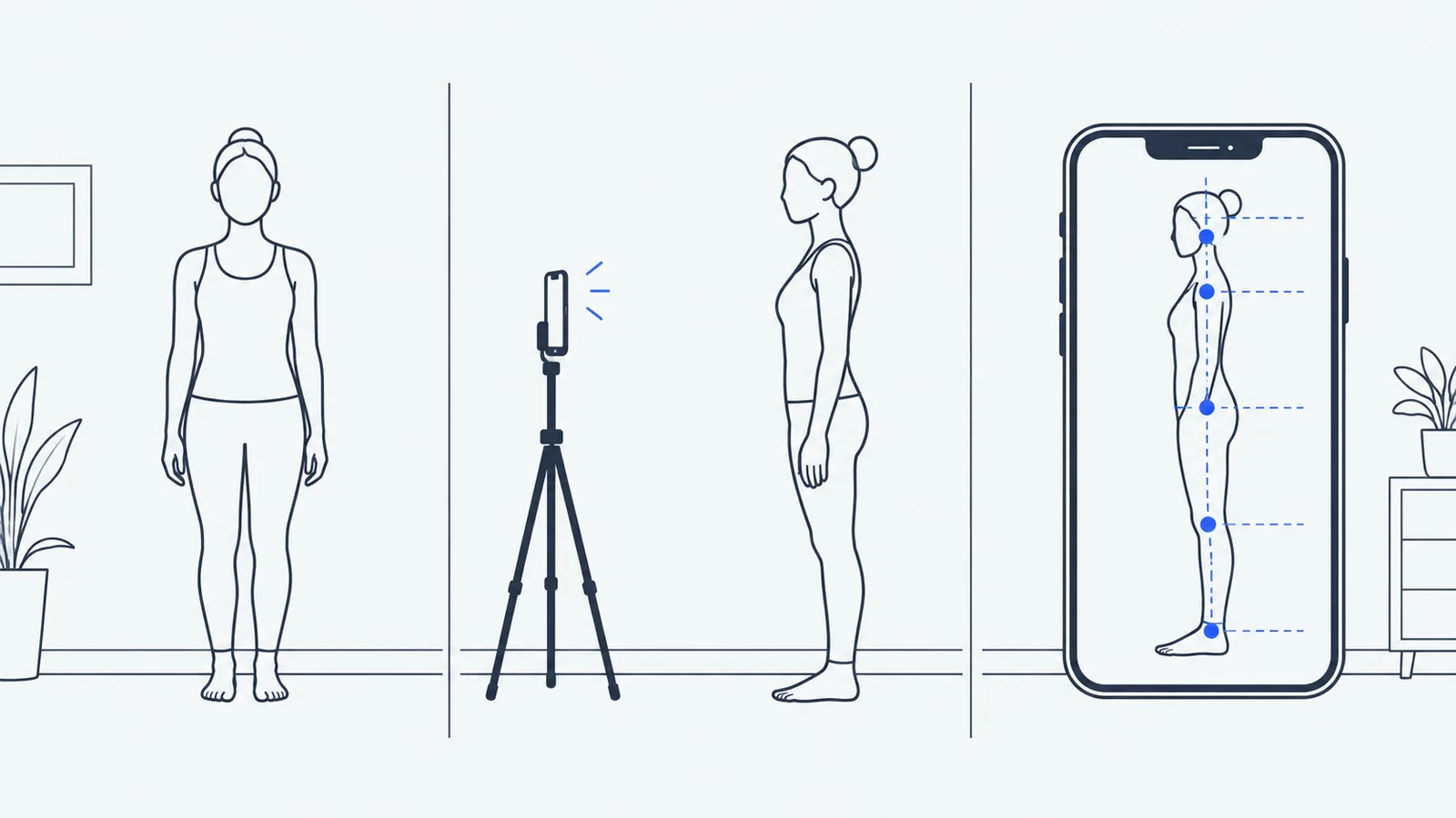 壁の前に立つ人、三脚のスマホで横向きに撮られる人、点と線が重なった体の図の3つの場面