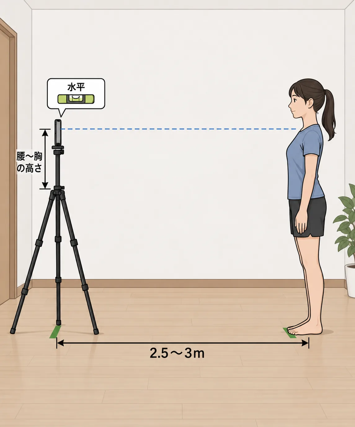 スマホを三脚で腰から胸の高さに水平に置き、2.5〜3m離れた壁の前に人が立つ撮影の配置図