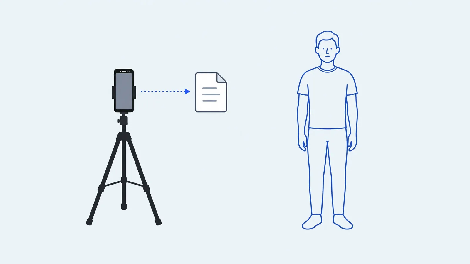 Phone on a tripod photographing a standing person, with a report document beside it