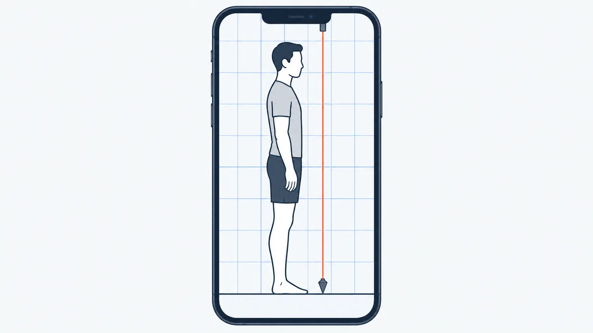 Ilustração de uma foto de corpo inteiro com fio de prumo e grade quadriculada sobreposta
