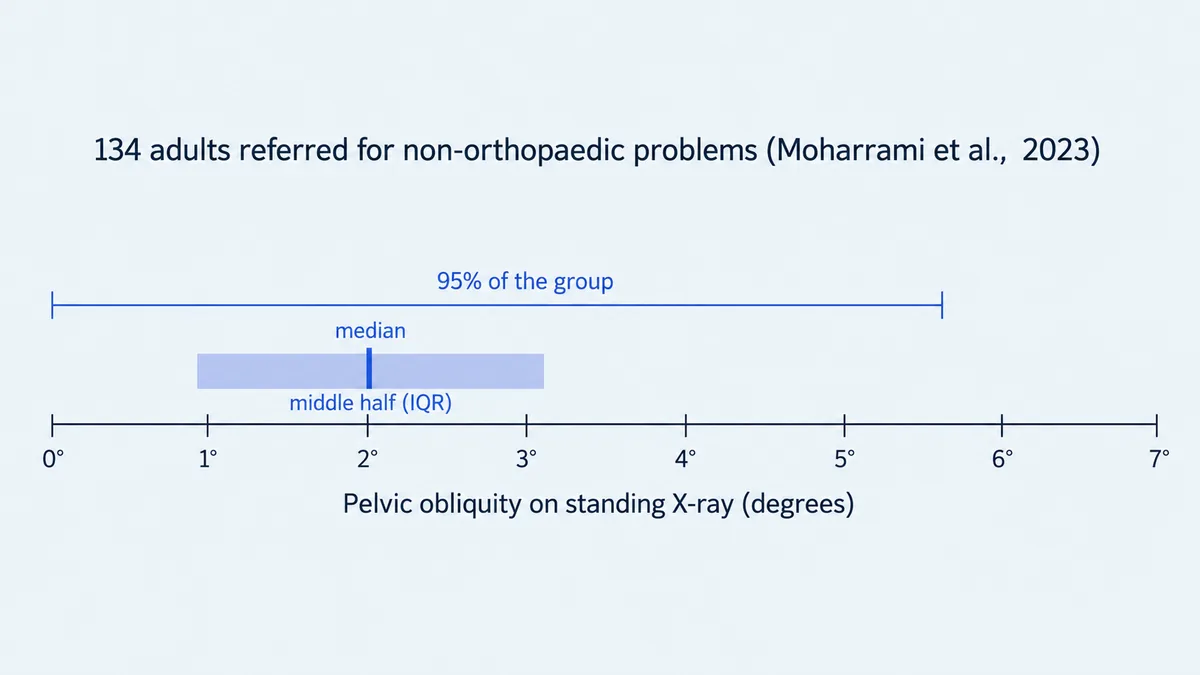Chart of pelvic obliquity in 134 adults: median 2.0°, middle half 0.9° to 3.1°, 95% at or below 5.6°