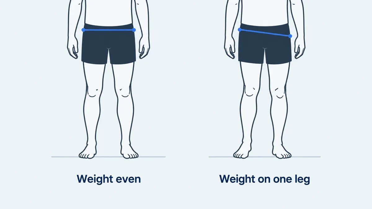 Two standing figures: hips level with weight on both feet, and hips dropping on one side with weight on one leg