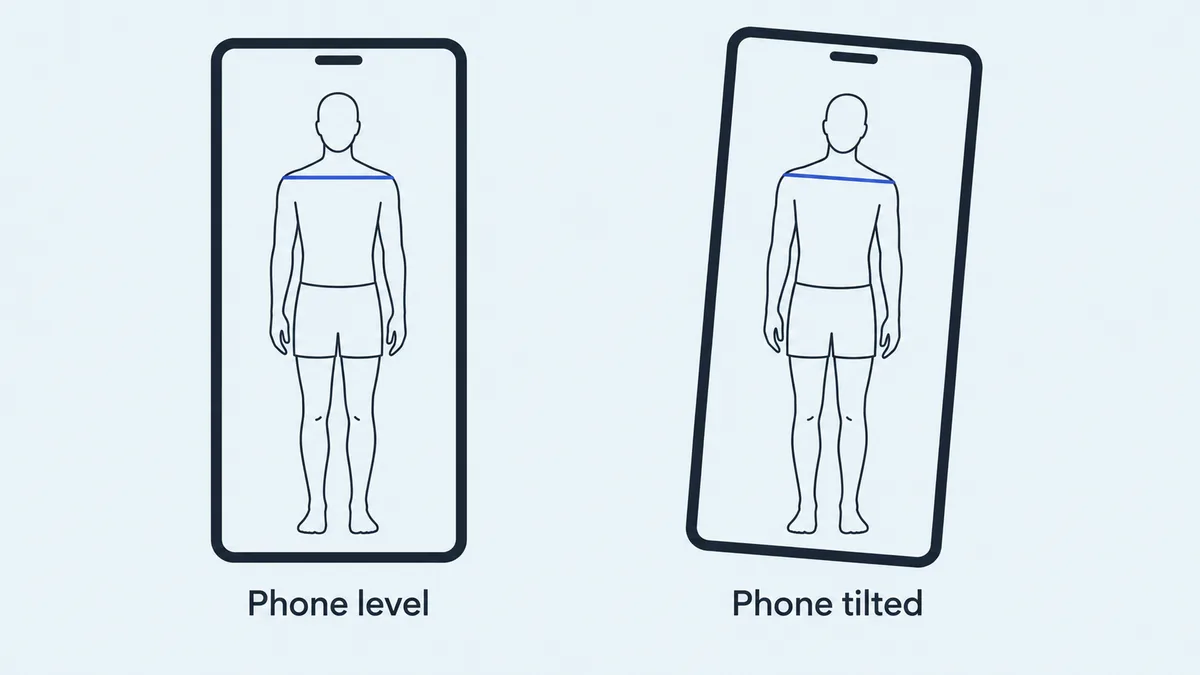 Two panels showing the same level shoulders: horizontal in a level phone frame, sloping in a tilted phone frame