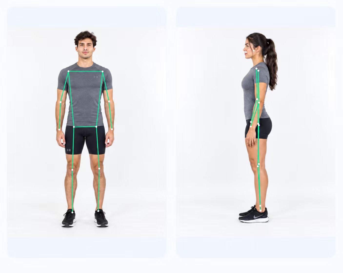 Front and side posture photos with pose landmarks in a PoseAlign analysis report