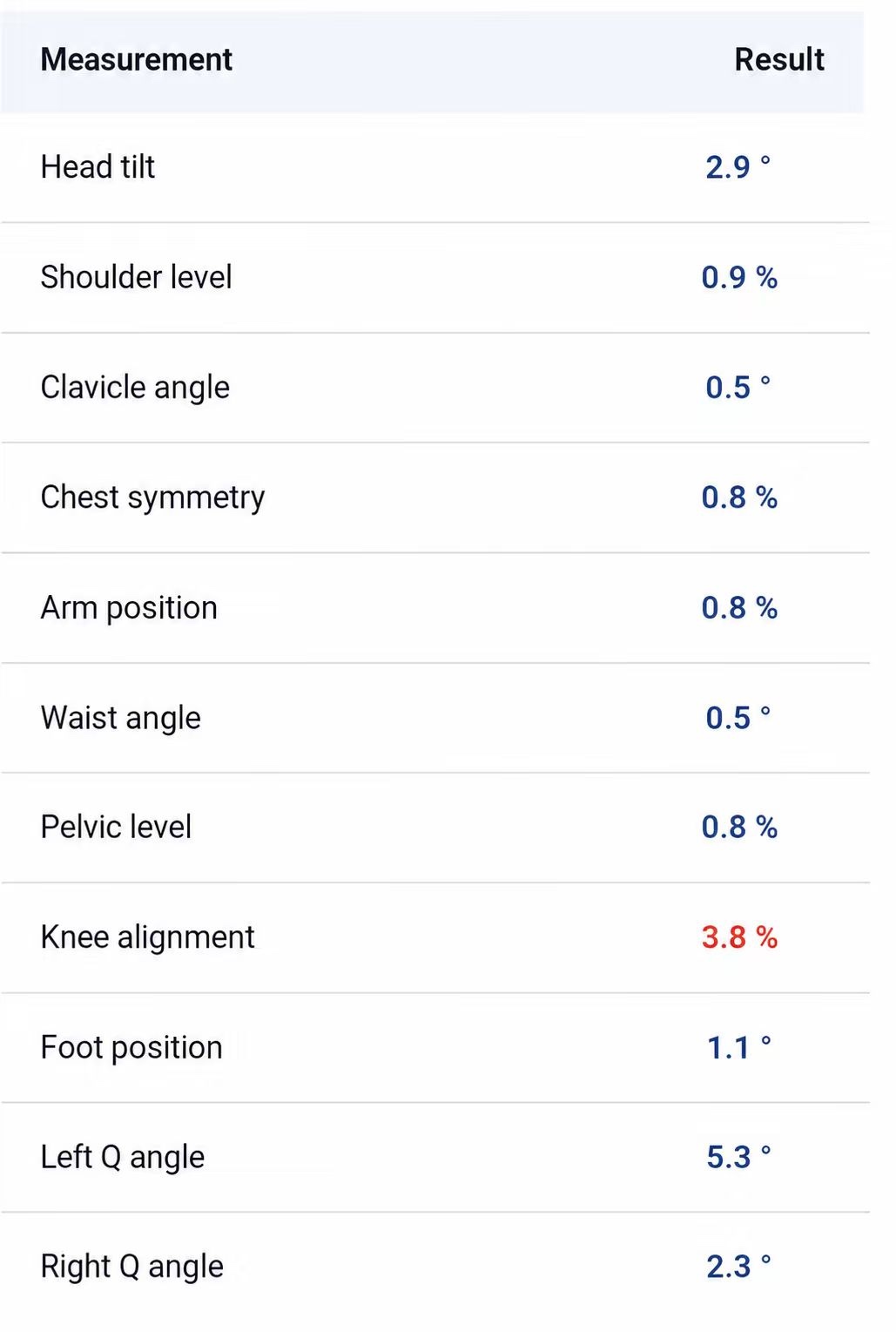 PoseAlign front-view posture measurement results including knee alignment