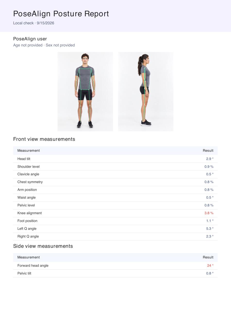 Earlier PoseAlign PDF sample from September 15, 2026, with photos and 13 measurements